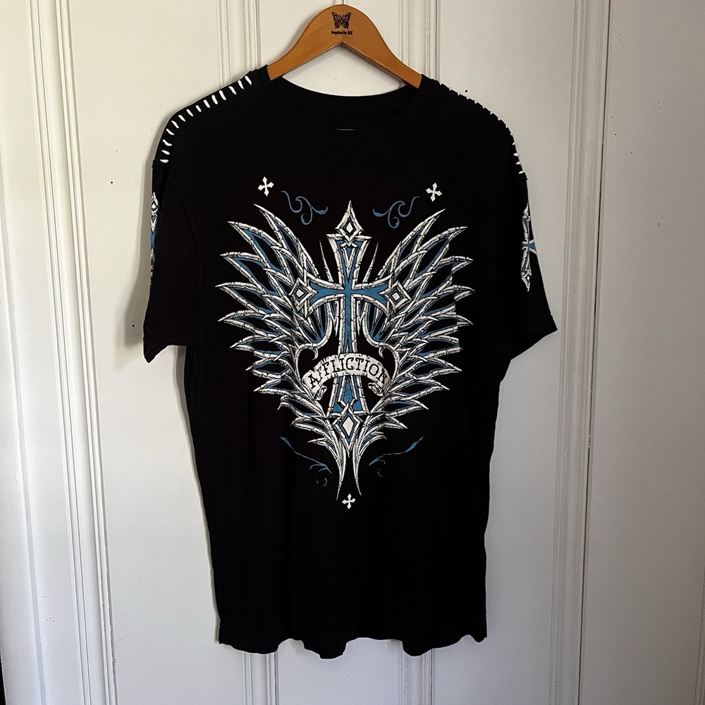 Affliction Cross Wings Biker Graphic Tee Black Rock MMA  Style Shirt Y2K XL